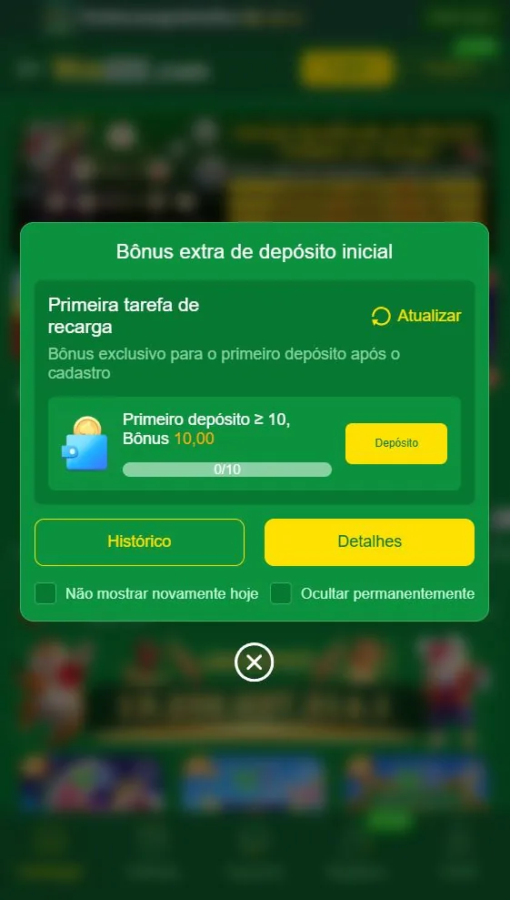 Tela 3: A janela do primeiro depósito: R$ 10 ou mais dá R$ 10 de bônus. Antes de pagar, abra “Detalhes” e leia quantas vezes o bônus precisa ser apostado e em quais jogos.