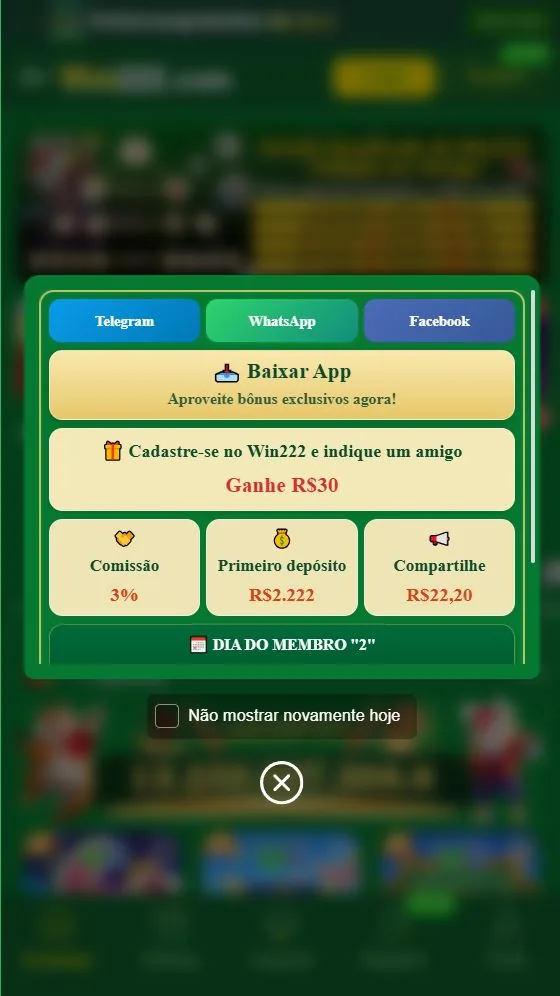 Tela 2: Logo depois de abrir o site, aparece a janela de convite: botões de Telegram, WhatsApp e Facebook, o convite “Cadastre-se e indique um amigo, ganhe R$ 30”, comissão de 3%, primeiro depósito de até R$ 2.222 e “Compartilhe R$ 22,20”. É propaganda da plataforma, não um valor garantido.