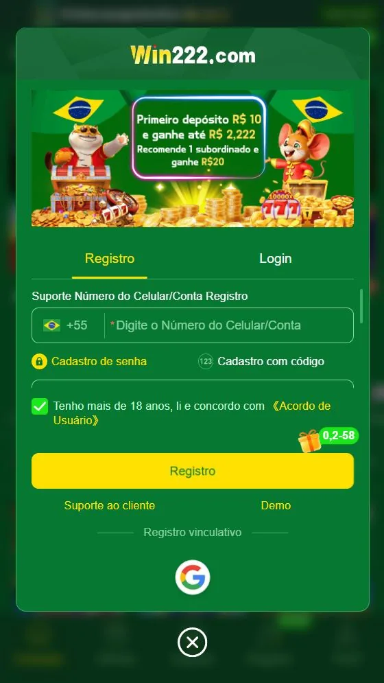 Tela 1: A tela de entrada da plataforma, capturada em 15/08/2026: abas Registro e Login lado a lado, campo do celular com +55, escolha entre senha e código por SMS e a opção de entrar com a conta Google. Se a tela que abriu para você for diferente disso, confira o endereço antes de digitar.