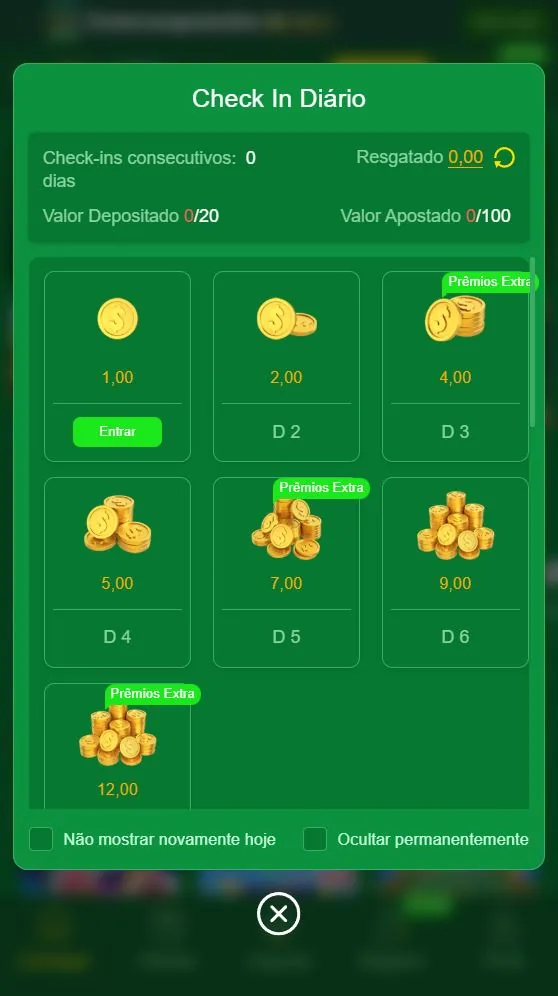 Tela 5: O check-in diário: sete dias com valores de R$ 1 a R$ 12, com a condição de R$ 20 depositados e R$ 100 apostados no mesmo dia. Pular um dia zera a sequência.