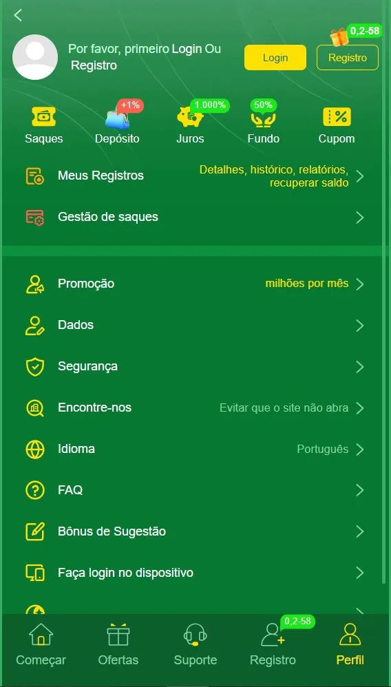 Tela 2: Sem login, a aba Perfil mostra “Por favor, primeiro Login ou Registro” e os botões Login e Registro no topo. É o segundo caminho para entrar, além do botão da tela inicial.